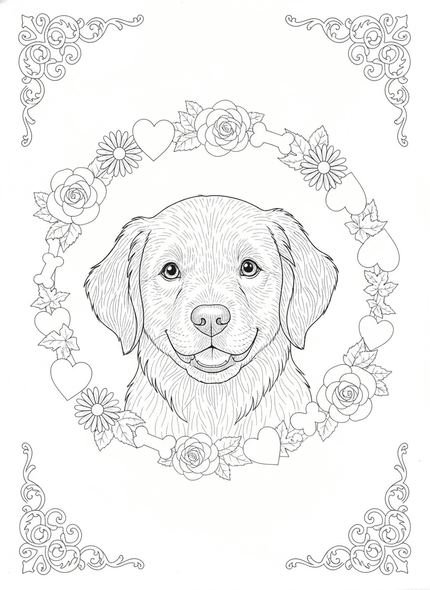 Puppy Wreath Portrait (Detailed) coloring page preview