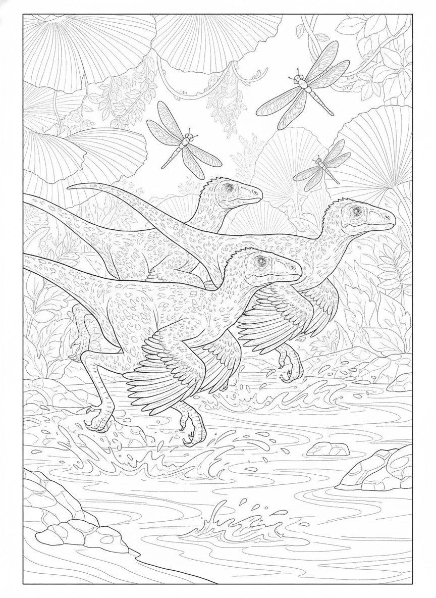 Raptors at the River (Detailed) coloring page preview