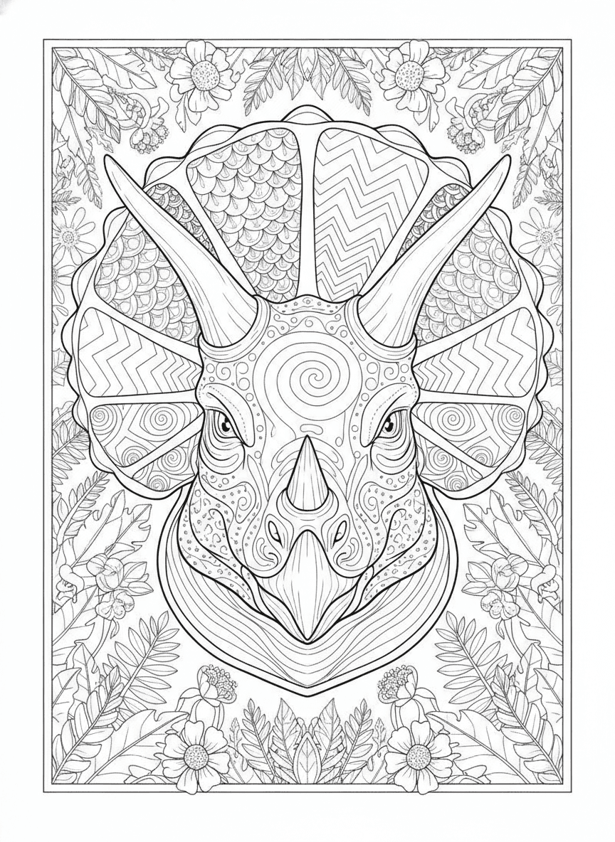 Patterned Triceratops Portrait (Detailed) coloring page preview