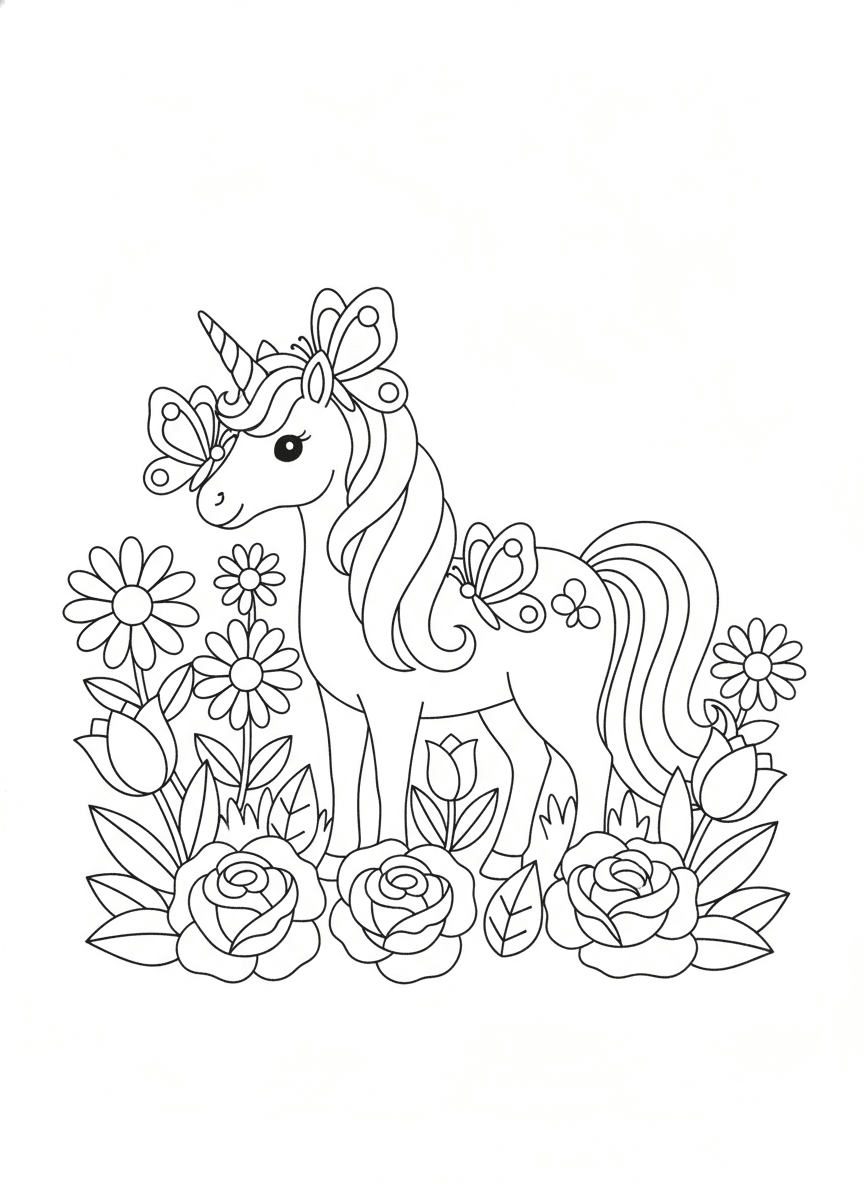 Unicorn with Butterfly Friends coloring page preview