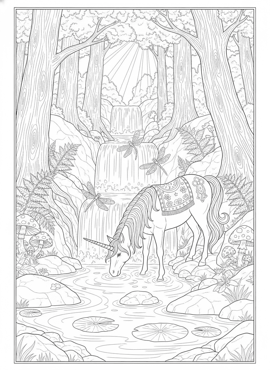 Unicorn at the Forest Waterfall (Detailed) coloring page preview