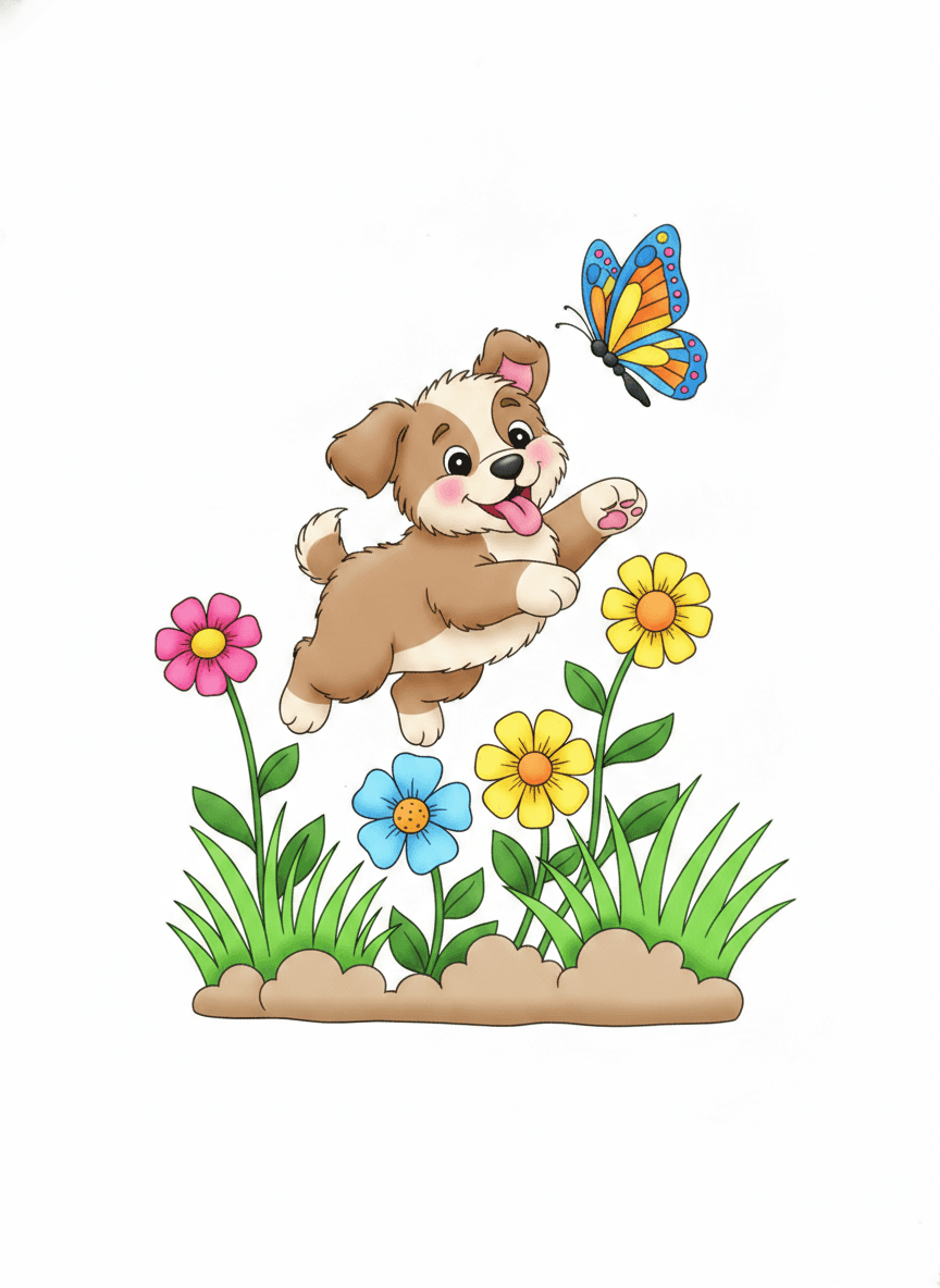 Puppy Chasing a Butterfly — colored example