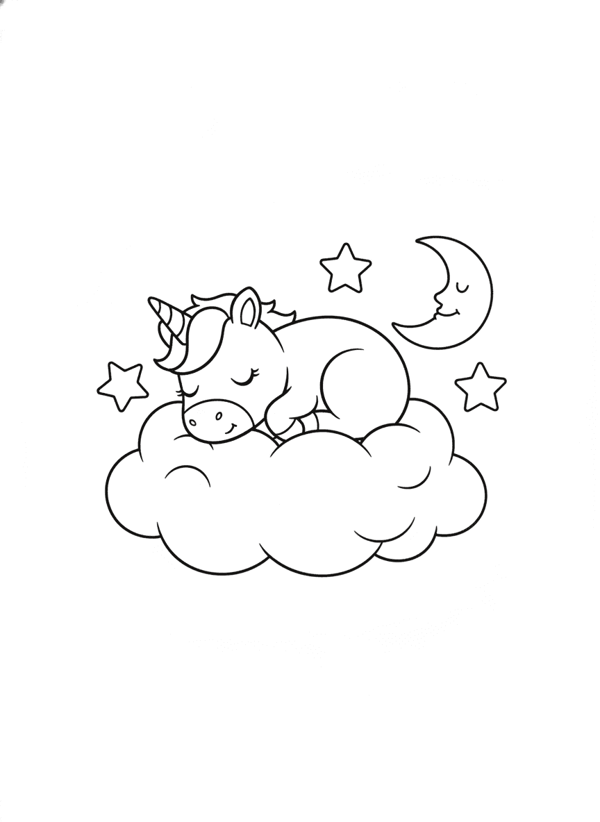 Baby Unicorn Napping on a Cloud coloring page preview
