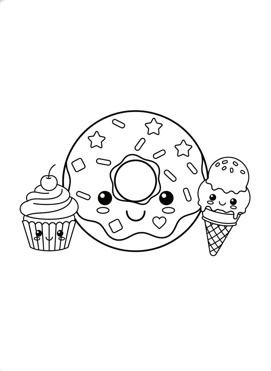 Kawaii Donut & Friends coloring page preview