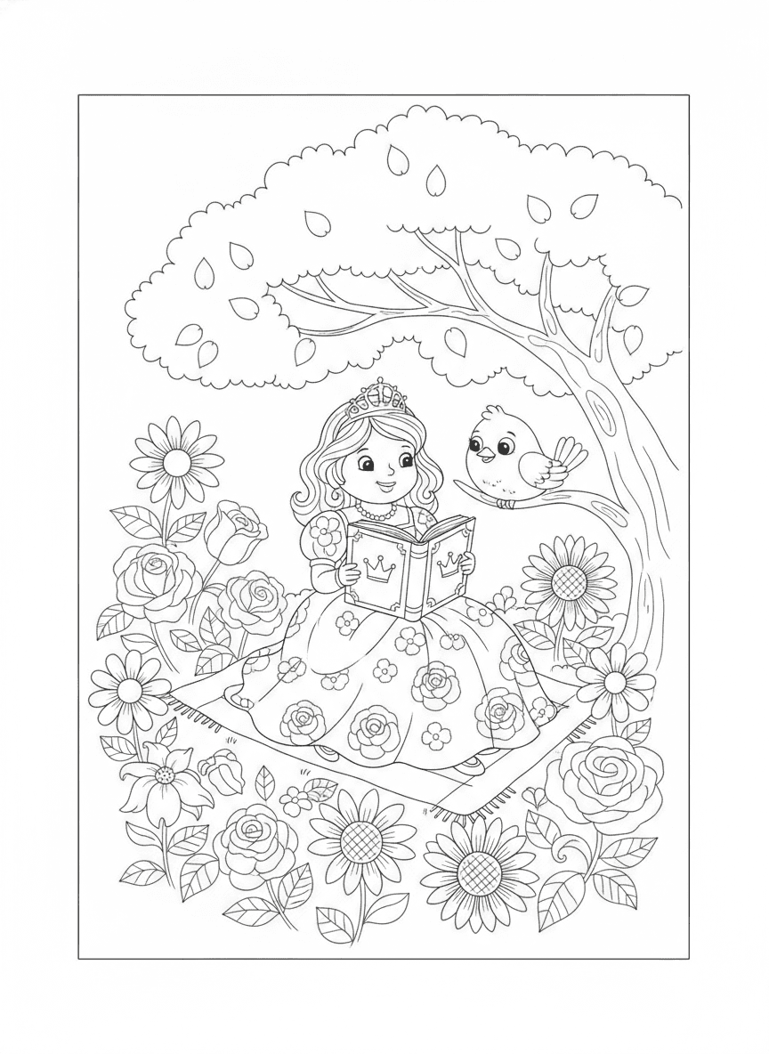 Princess Reading in the Garden coloring page preview