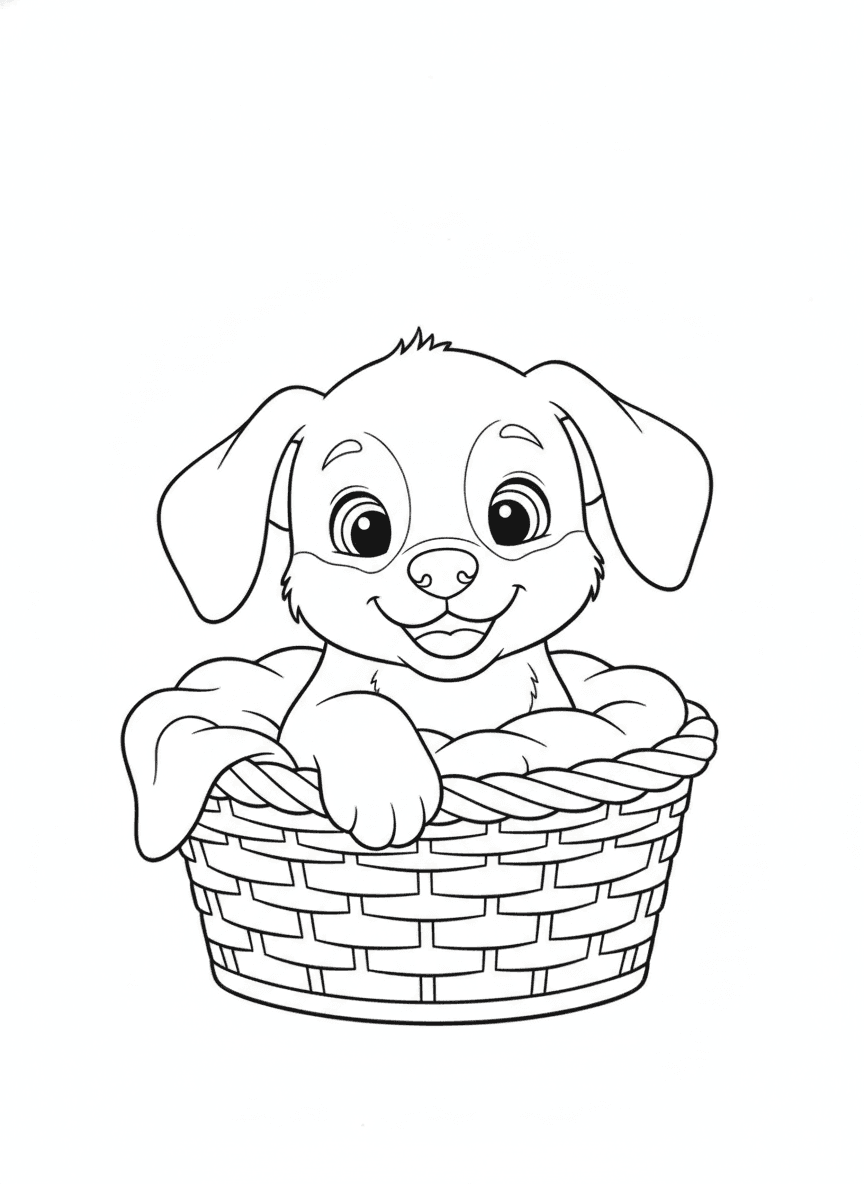 Puppy in a Cozy Basket coloring page preview