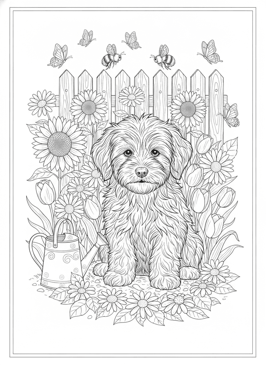 Puppy in the Flower Garden (Detailed) coloring page preview