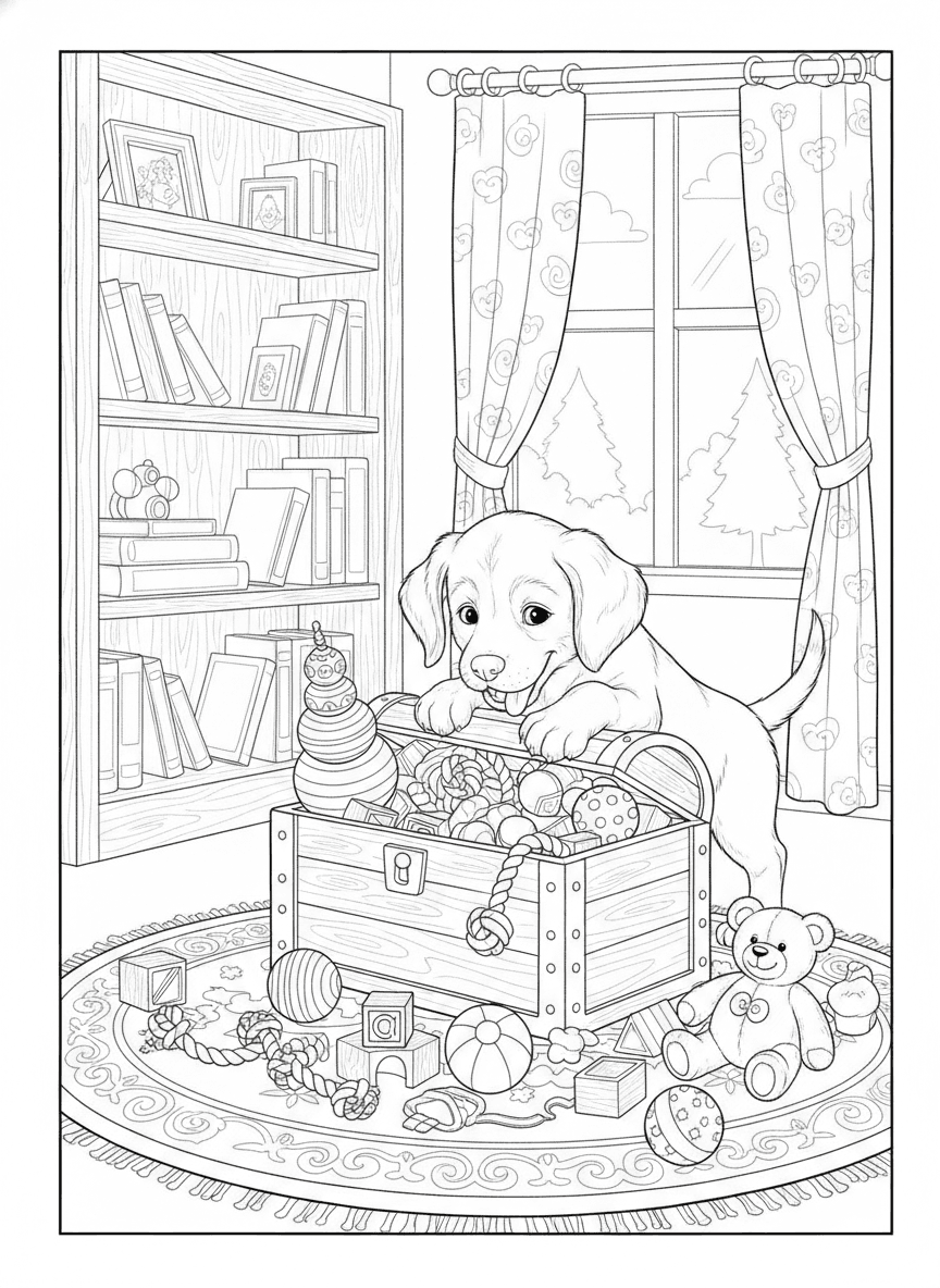 Puppy & the Toy Box (Detailed) coloring page preview