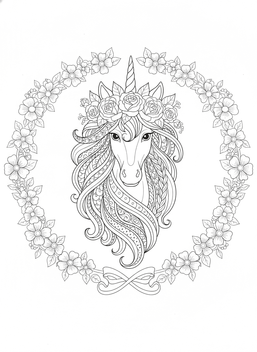Unicorn Flower-Crown Portrait (Detailed) coloring page preview