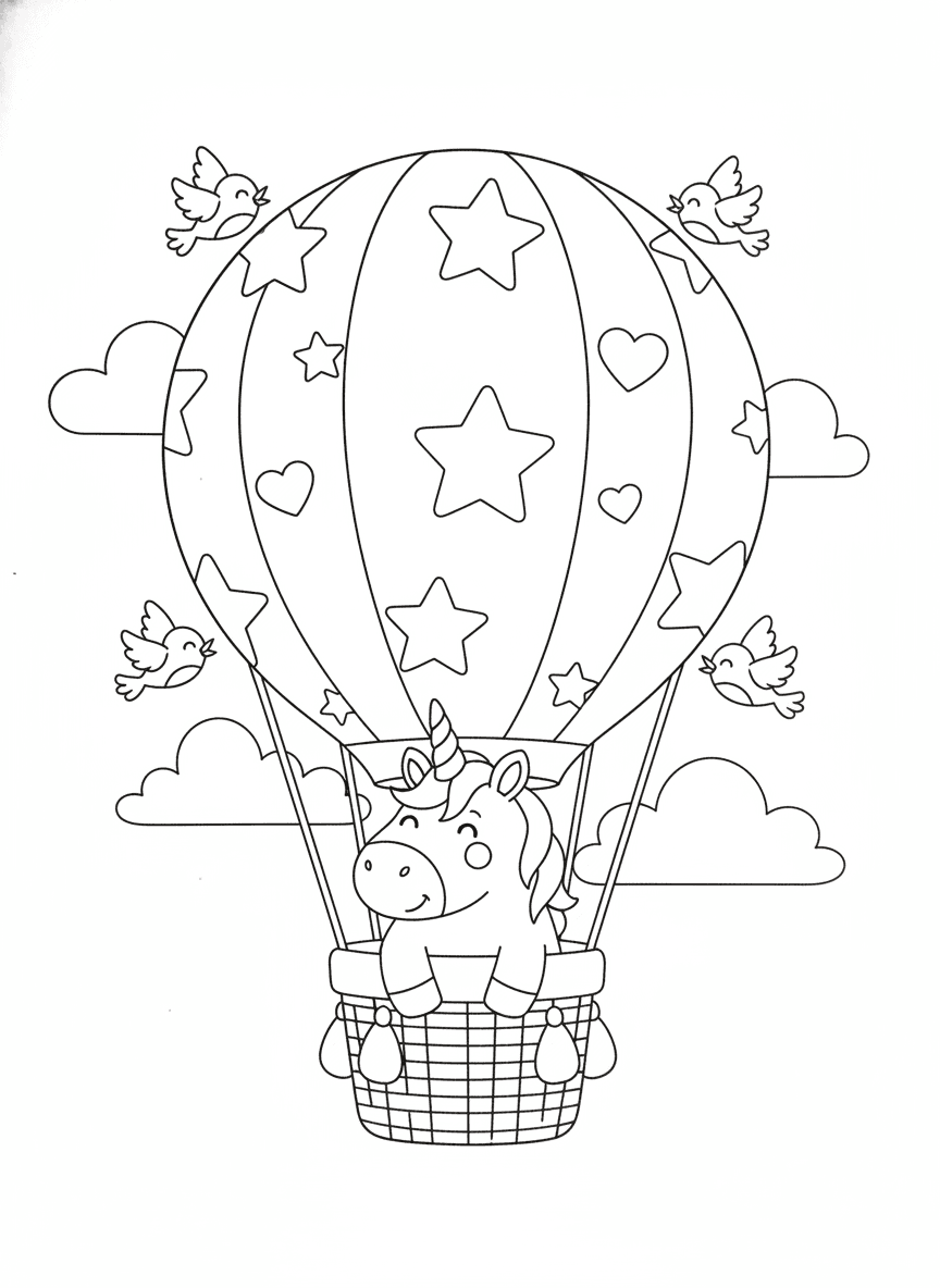 Unicorn in a Hot Air Balloon coloring page preview